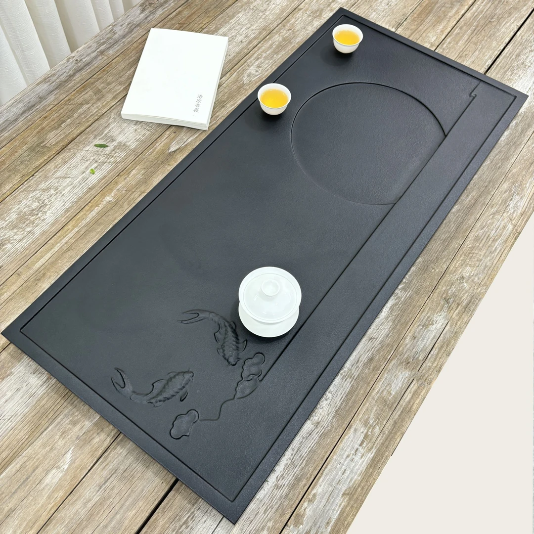年年有鱼【乌金石】天然原石整块茶盘手工浮雕排水式家用办公茶具
