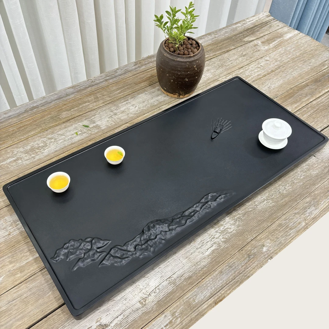 江船乌金石天然石茶盘立体浮雕茶盘排水式茶具家用方型茶盘