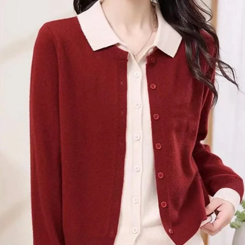 假两件春秋装新款针织开衫女装长袖宽松显瘦纯色毛衣休闲洋气外套