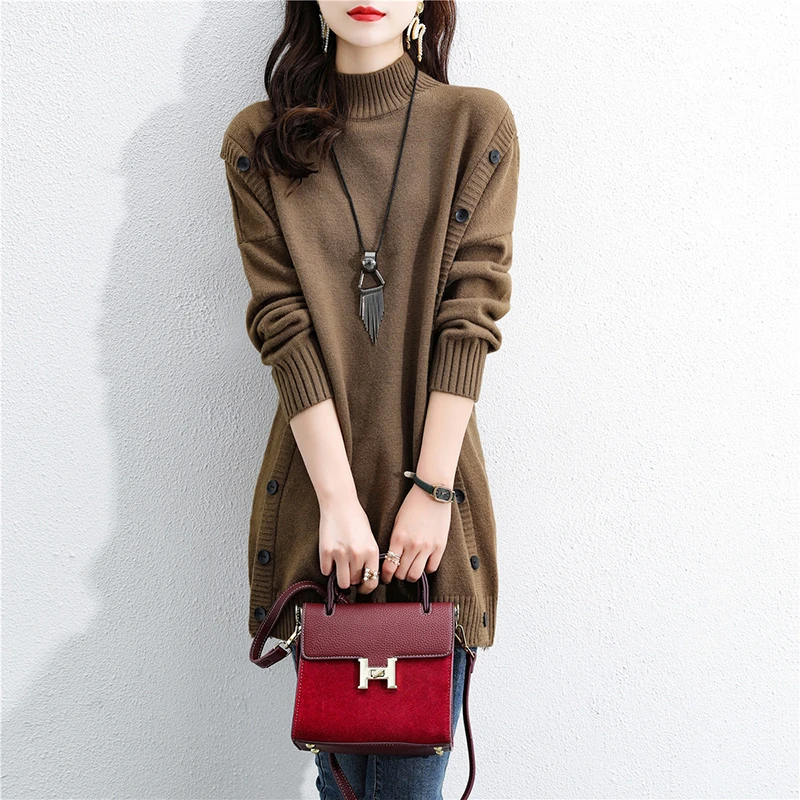 秋冬新款韩版半高领套头针织洋气打底衫连衣裙时尚宽松加厚毛衣裙