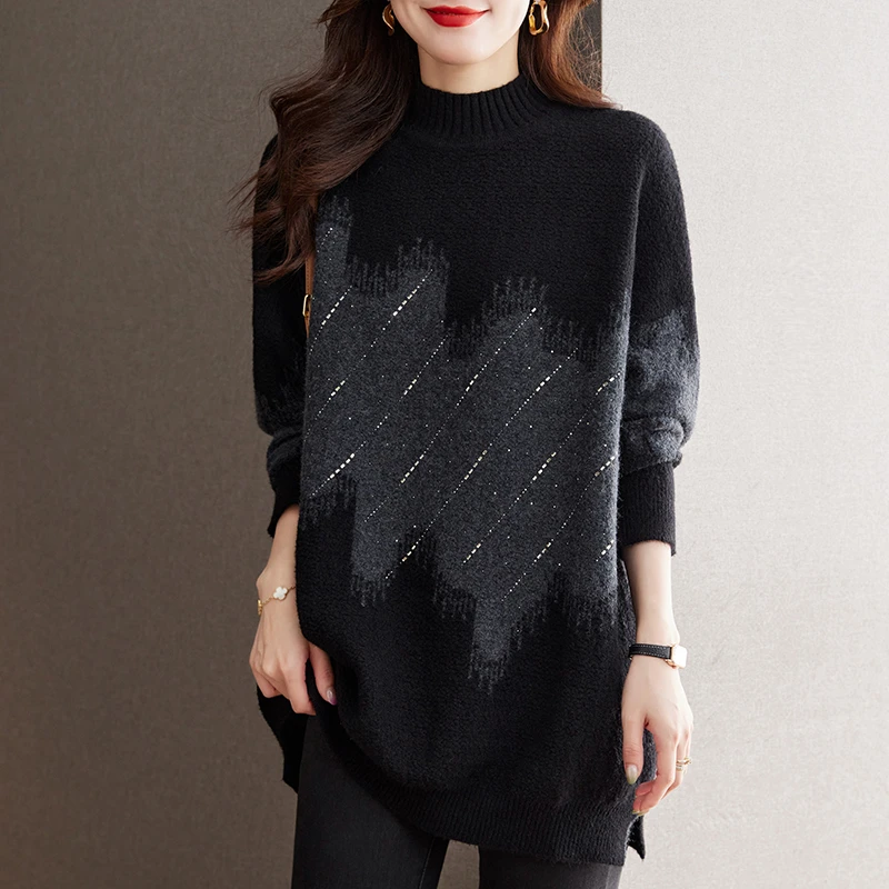 秋冬新款半高领毛衣女中长款加厚宽松大码洋气针织烫钻春秋打底衫