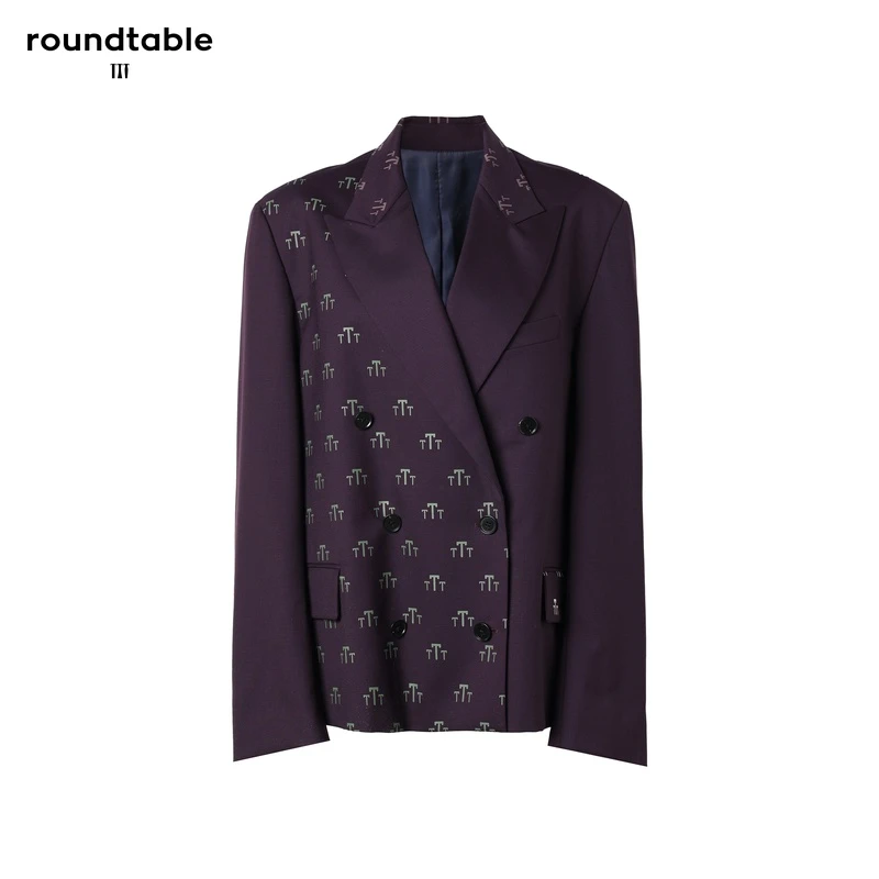 TTT 宽松印花设计师时尚双排扣西服休闲黑色减龄西装TDW4804974