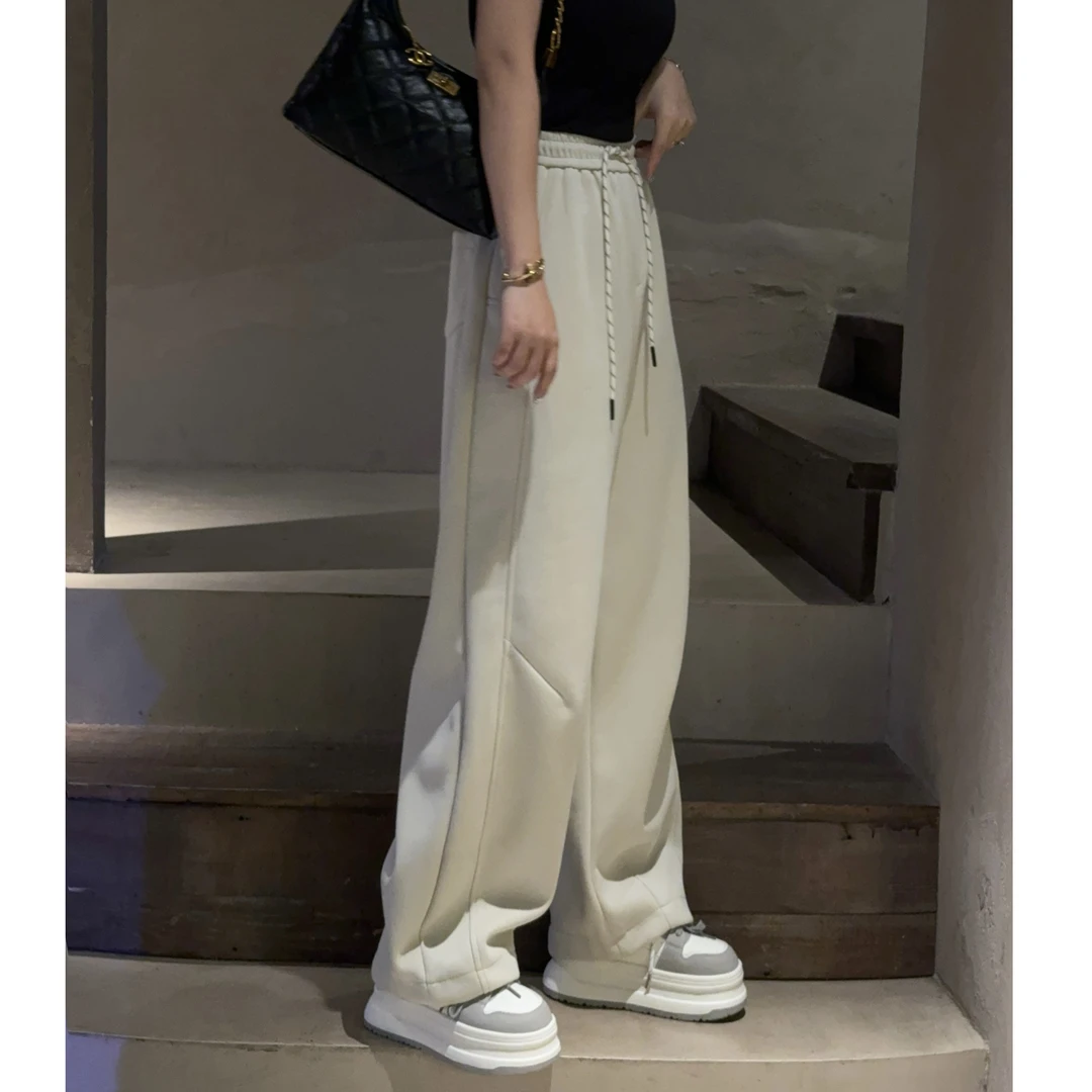 【萍萍推荐】秋季松紧高腰休闲抽绳宽松阔腿裤设计感拼接弯刀裤