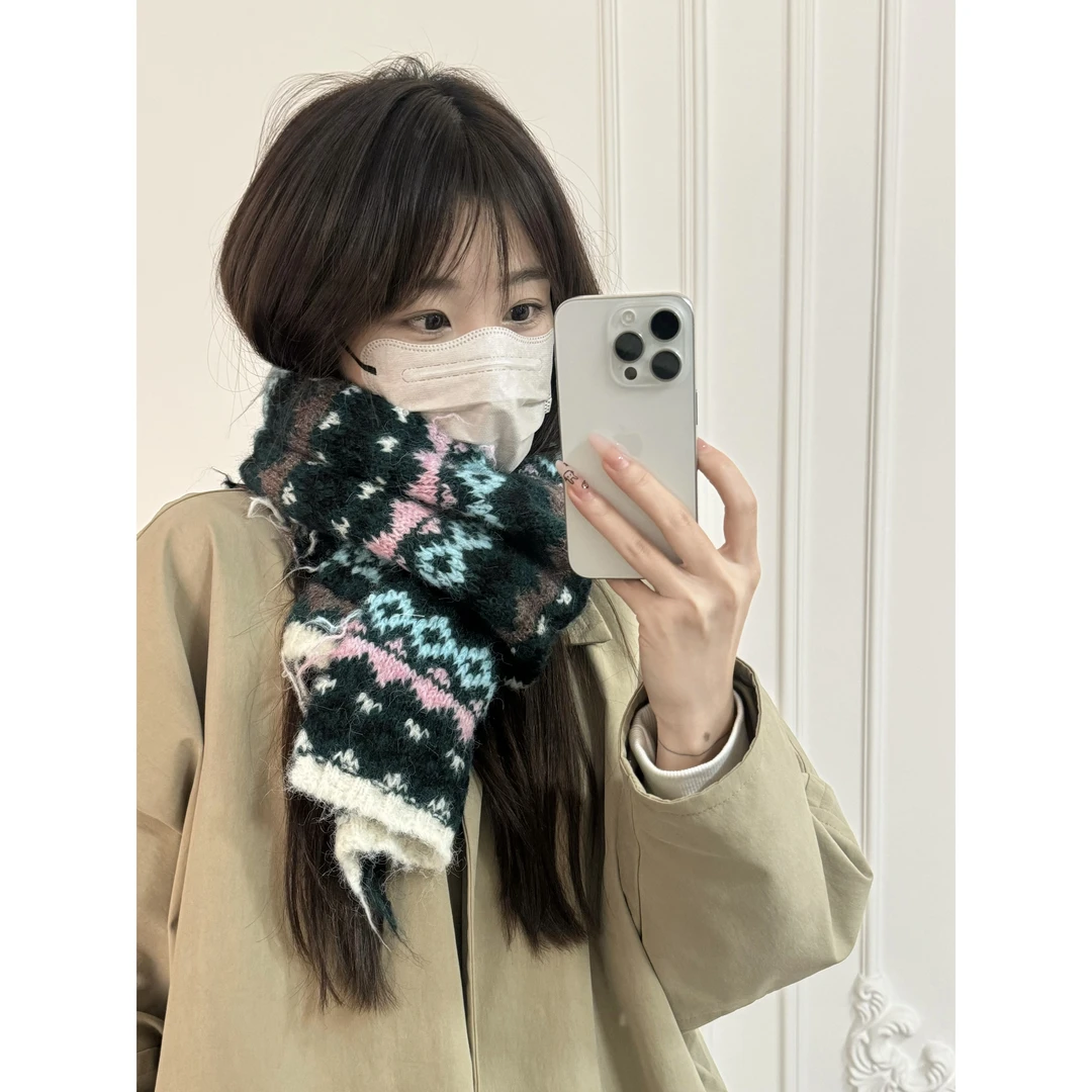 JUN 秋冬复古费尔岛马海毛百搭设计保暖围巾2028