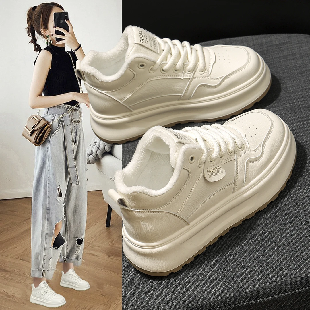 2024冬季高帮加绒小白鞋时尚厚底百搭爆款女鞋防滑保暖