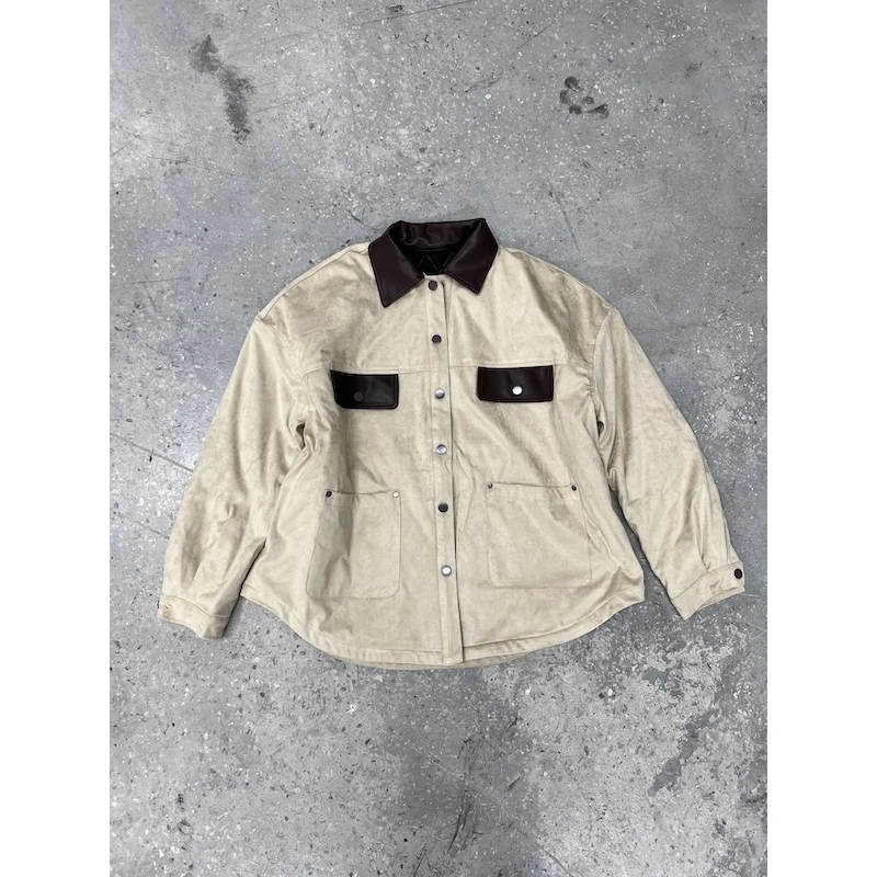 【杨英家复古老钱风拼接设计】韩版夹棉定制怀旧衬衫外套 90021