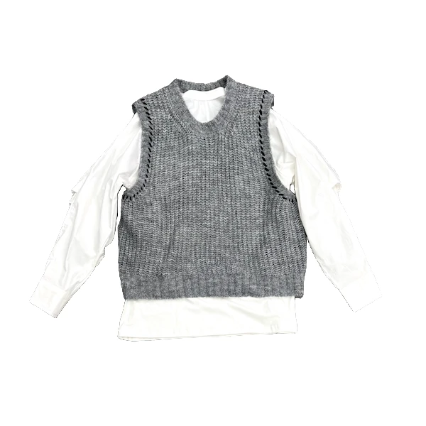 2024春装新款巴黎灰撞色鸡心领马甲韩版打褶T恤休闲两件套女92018