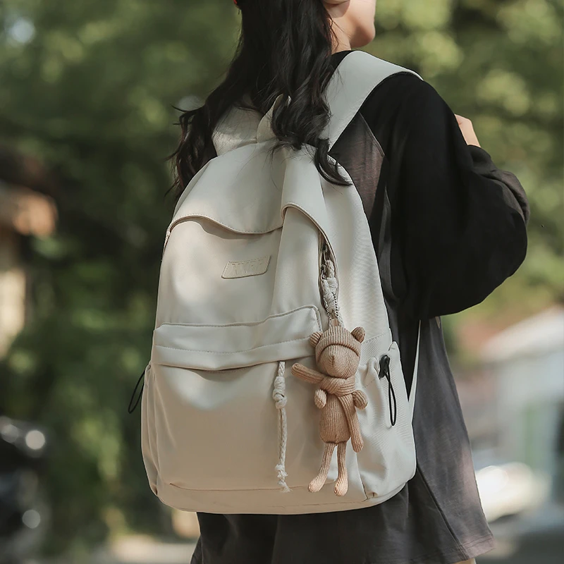 简约百搭书包女大学生大容量高中生背包女生女白色旅行森系双肩包