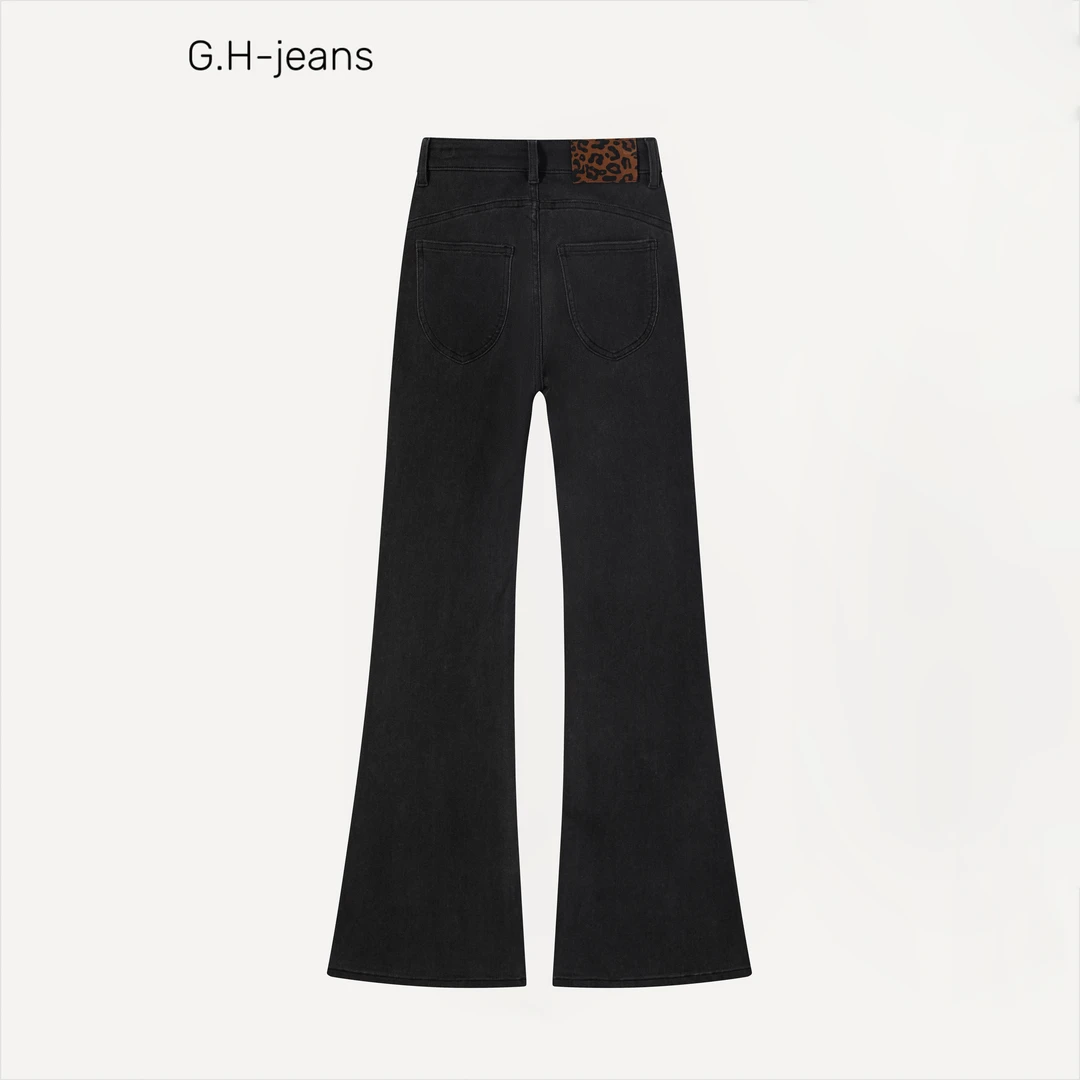 【G.H】秋季新款爆款轻奢灰豹纹皮牌独特设计显瘦中高腰微喇牛仔裤