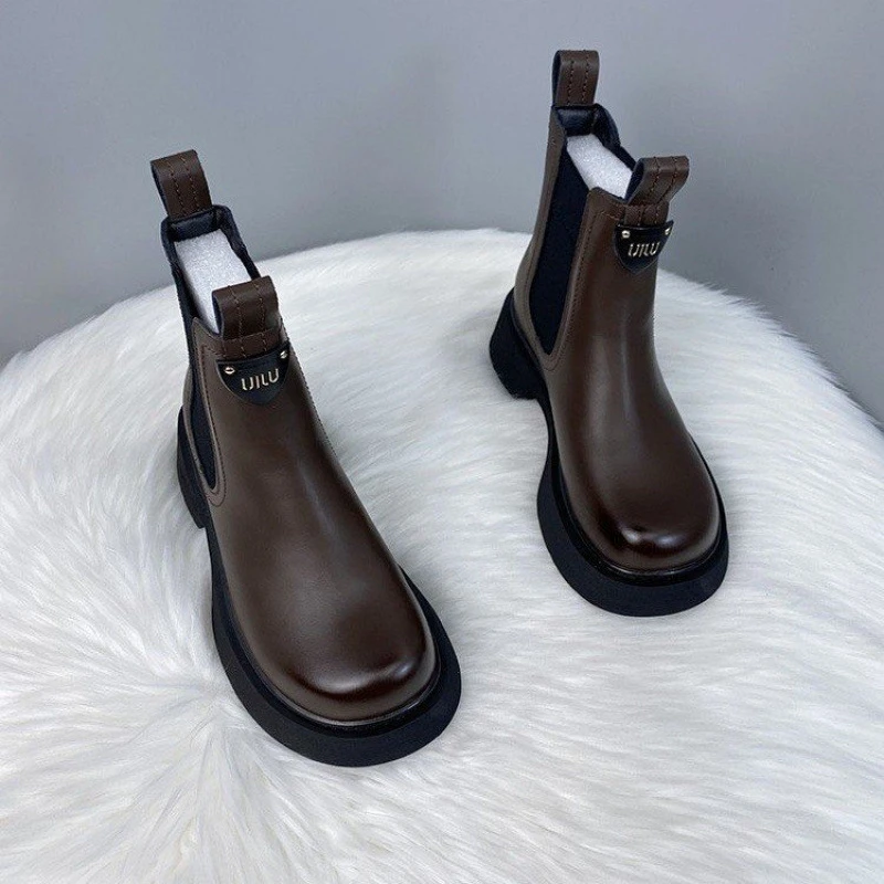 马靴女英伦风短筒烟管靴女加绒保暖厚底防水女短靴子纯色