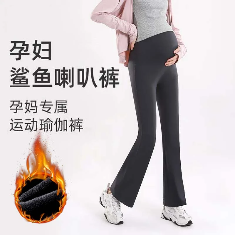 孕妇裤秋季外穿喇叭裤小个子黑色鲨鱼裤高腰显瘦长裤秋冬加绒保暖