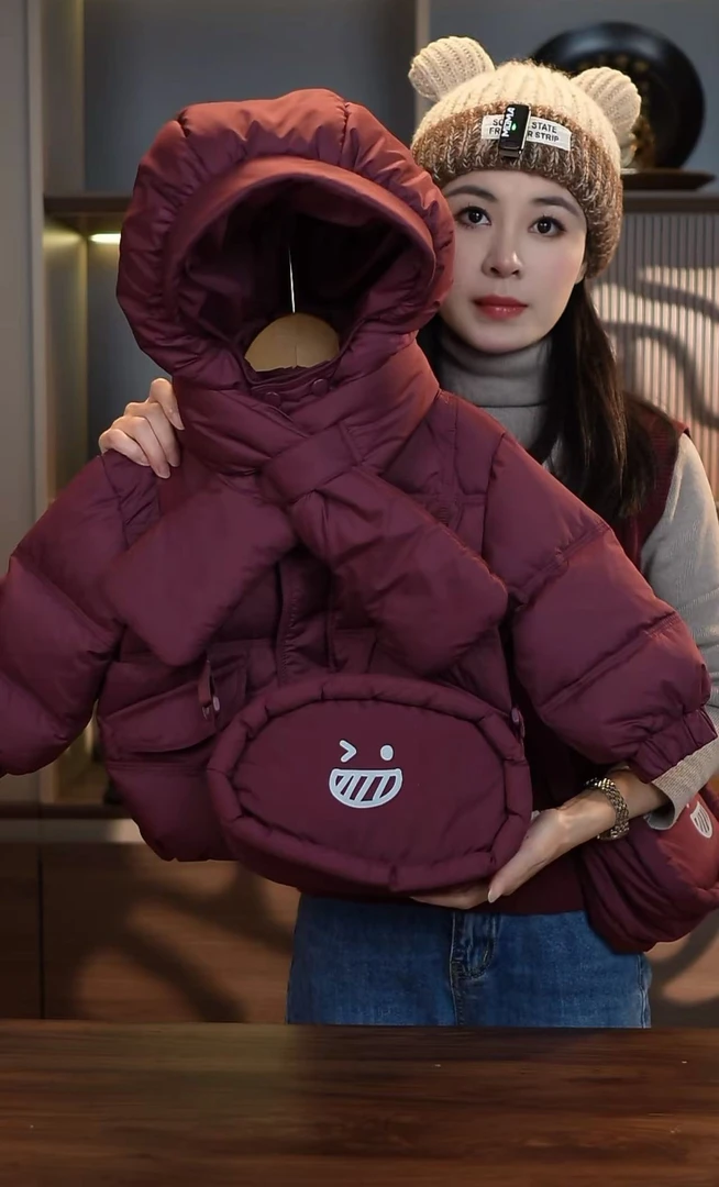 【现货2】紫金红男女童冬季加厚羽绒服儿童中长款韩版连帽安哥拉红