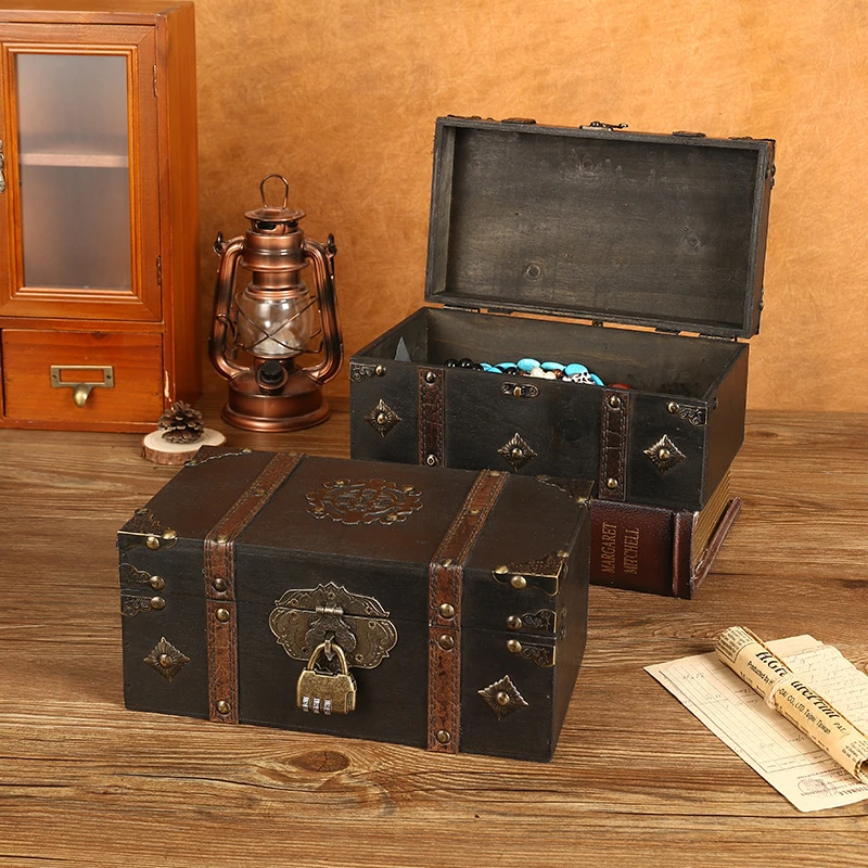 复古木质收纳盒首饰品证件书本储物盒子木质礼品包装盒宝箱收纳盒