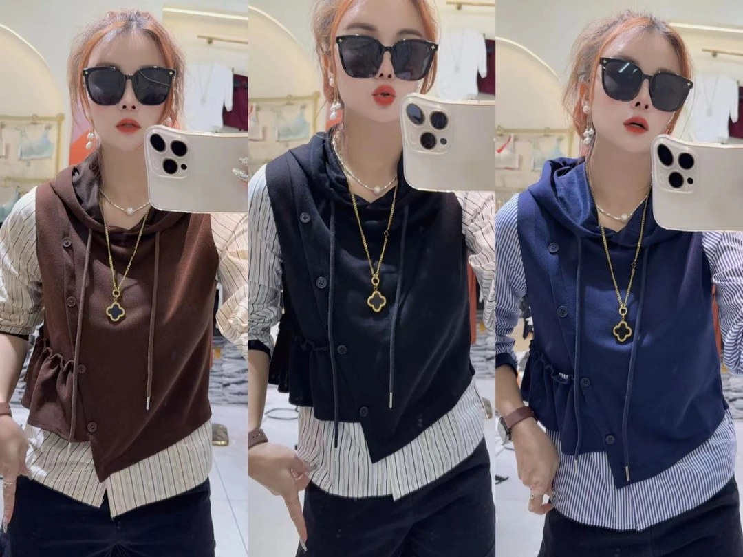 新款假两件遮肚拼接显瘦休闲卫衣916