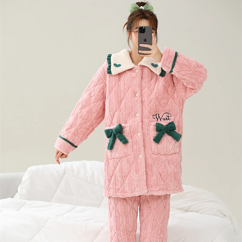 少女粉提花绒三层夹棉睡衣女秋冬加厚娃娃领家居服套装保暖可外穿