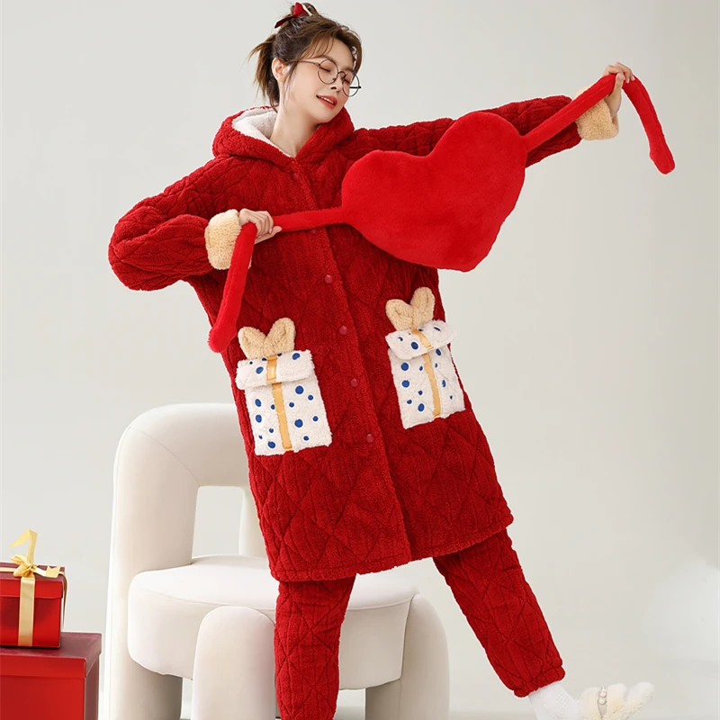 喜庆红色长款连帽家居服套装加厚三层夹棉睡衣女抗寒保暖可外穿