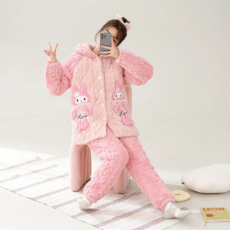 卡通连帽提花绒睡衣女秋冬加厚三层夹棉家居服套装保暖抗寒可外穿