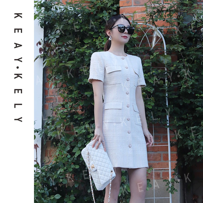 KeayKely  夏季（迷雾森林）米杏色法式单排扣优雅显瘦针织连衣裙