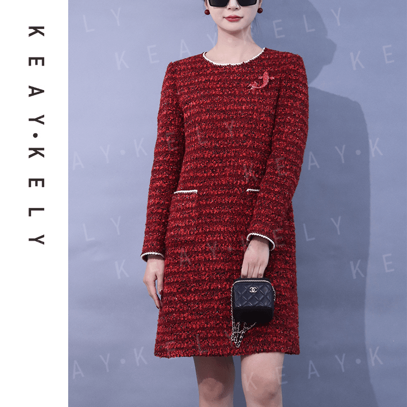 KeayKely 2024新款（锦鲤）酒红色法式复古优雅小香风连衣裙