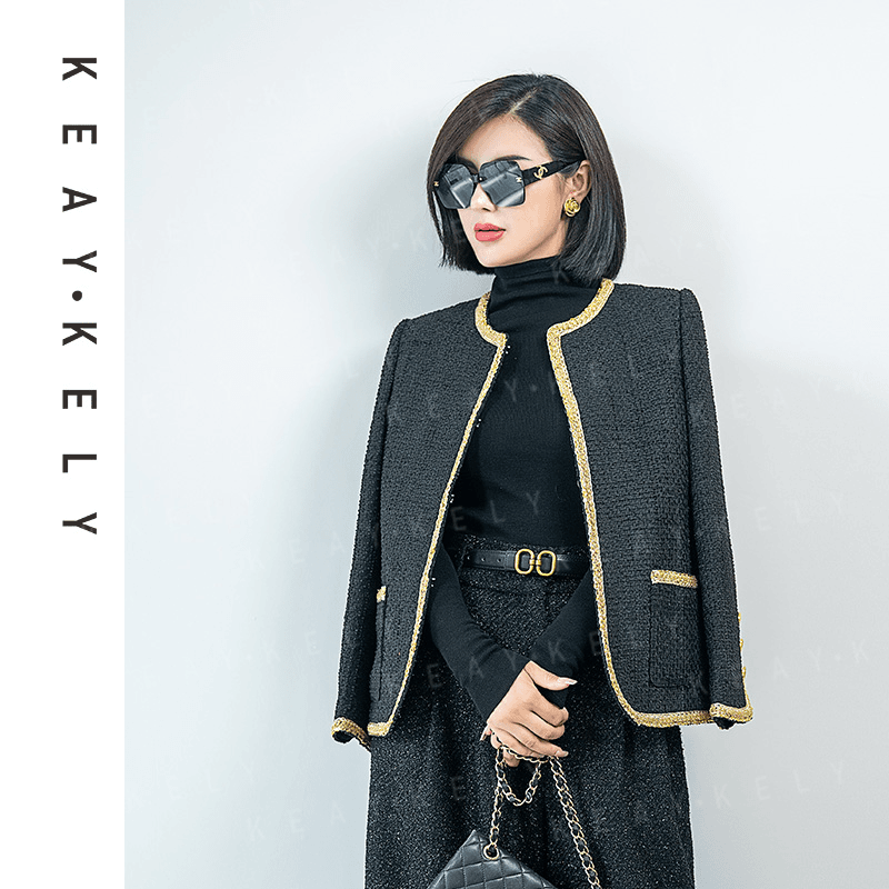 KeayKely新款轻奢黑金法式粗花呢气质百搭小香风外套时尚通勤上衣