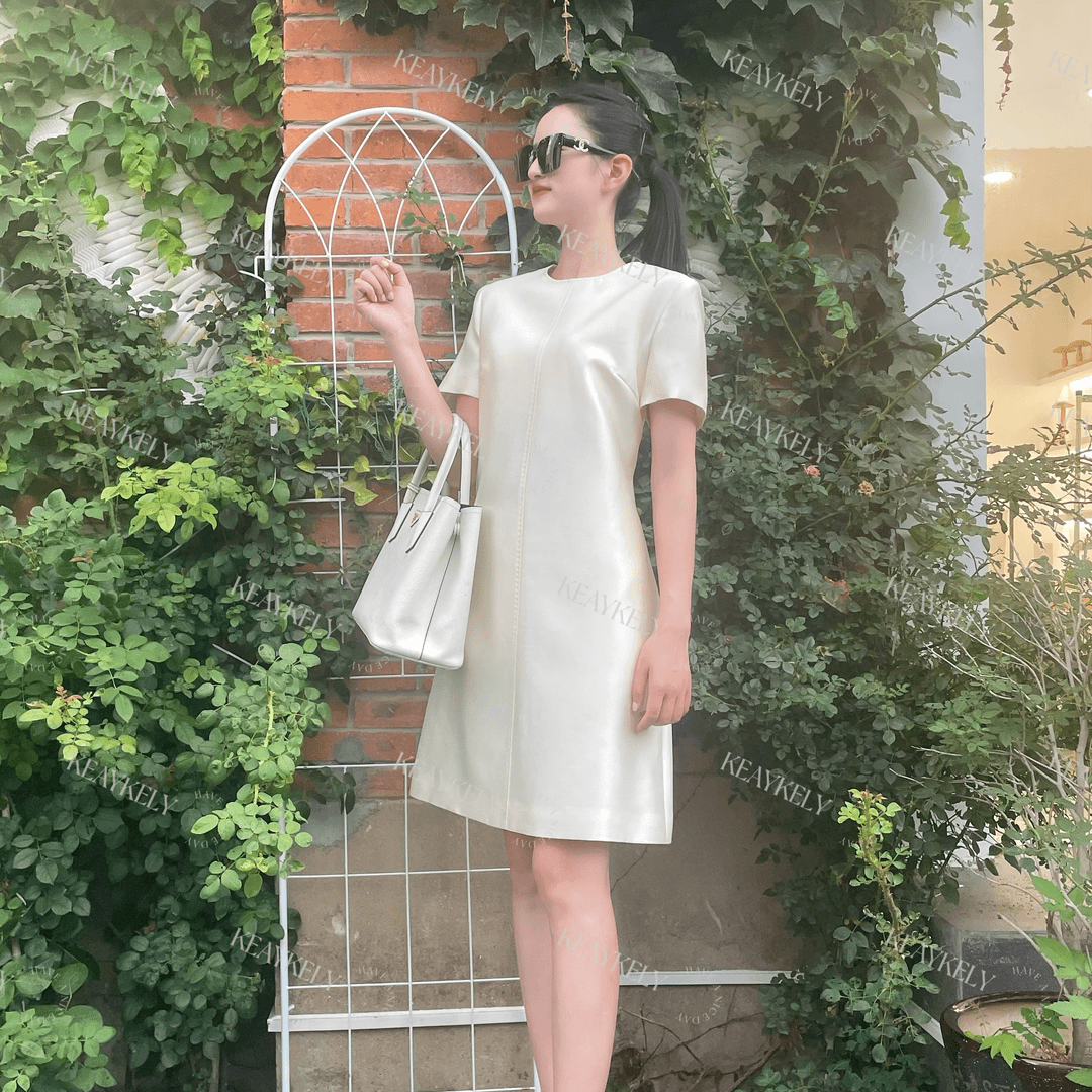 KeayKely 夏季新款白色圆领温柔优雅轻奢连衣裙