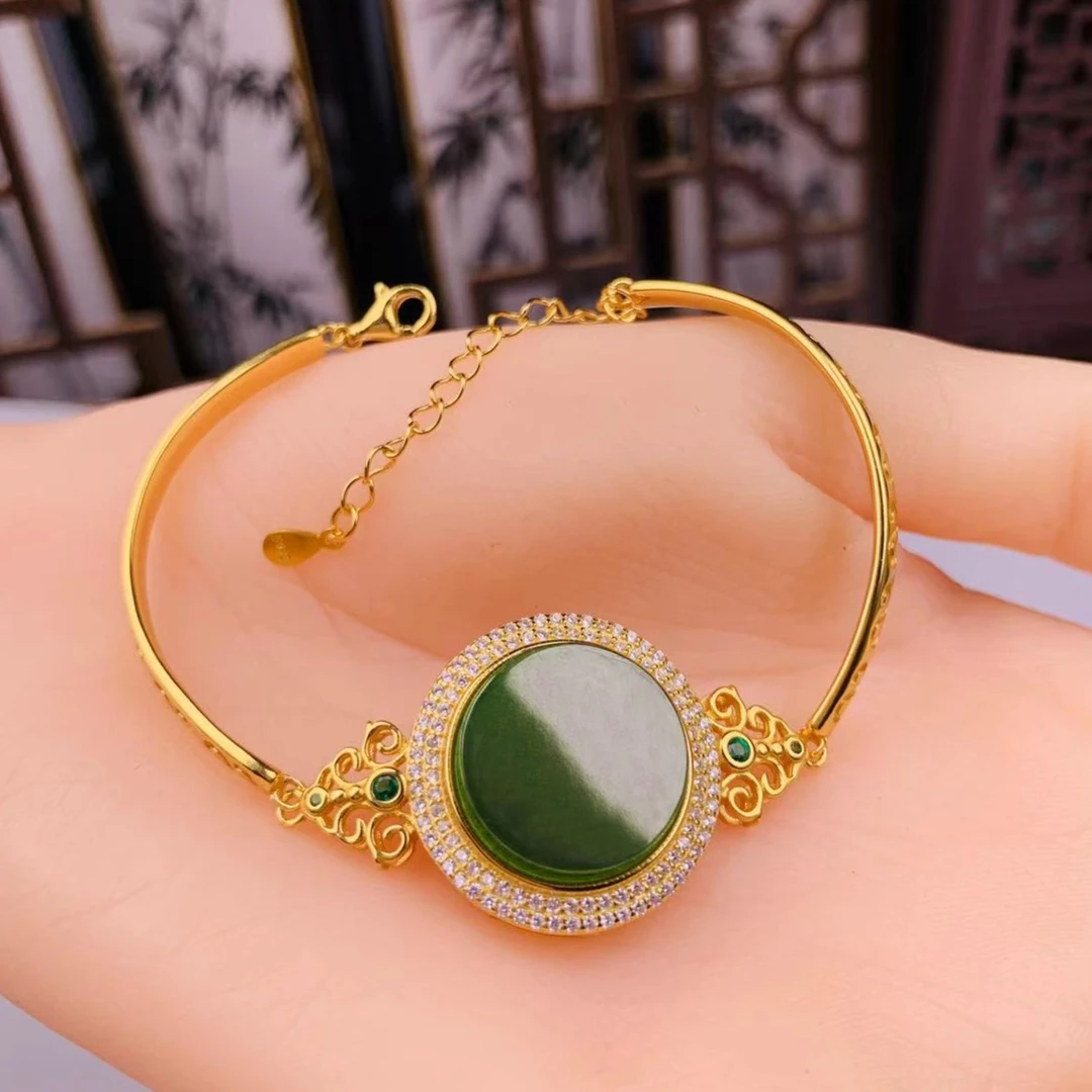 天然和田玉镶嵌碧玉时尚气质轻奢百搭复古精致无事圆牌宫廷风手链