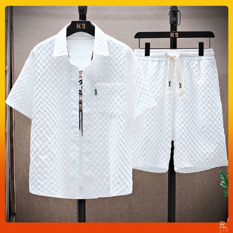 夏季时尚套装男痞帅薄款潮流休闲短袖宽松衬衫短裤百搭运动两件套