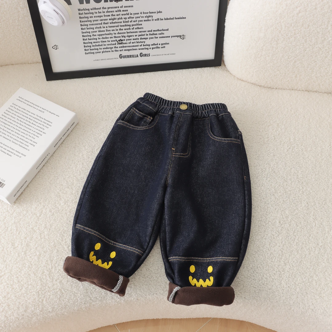 【幼棉光年】冬款加厚休闲中性韩版儿童时尚百搭纯色牛仔裤621516