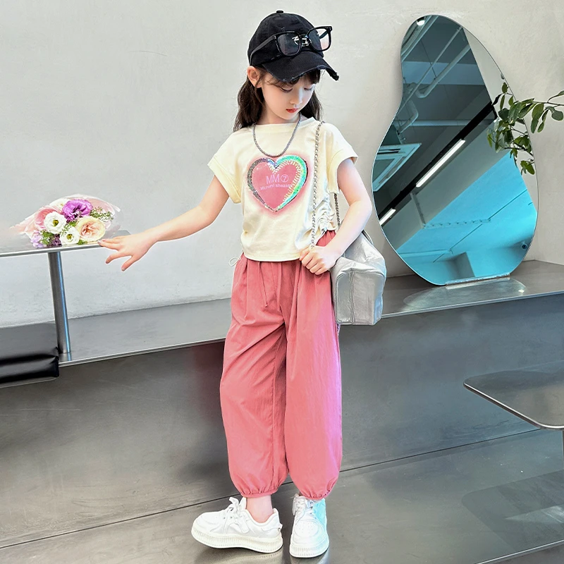 女童套装夏季2024新款中大童洋气时髦短袖t恤儿童防蚊裤子两件套