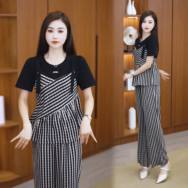 夏季休闲时尚套装减龄洋气条纹短袖宽松显瘦遮肚阔腿裤两件套2021