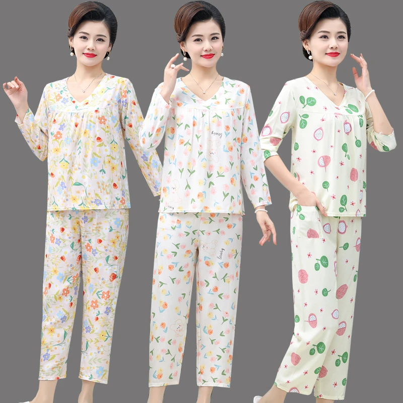 妈妈睡衣女夏季薄款大码长袖绵绸中老年人棉绸家居服套装春秋女款