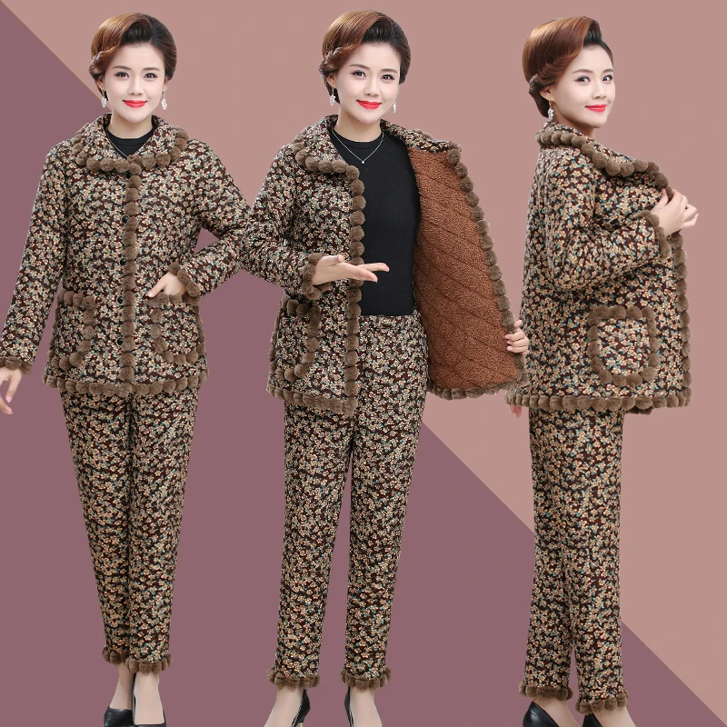 妈妈冬装碎花棉衣奶奶装保暖睡衣中老年女装加绒棉袄棉裤家居套装