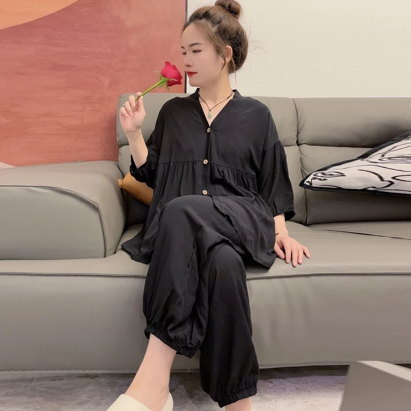 棉绸睡衣女夏季七分袖长裤薄款套装大码空调服家居服可外穿夏天