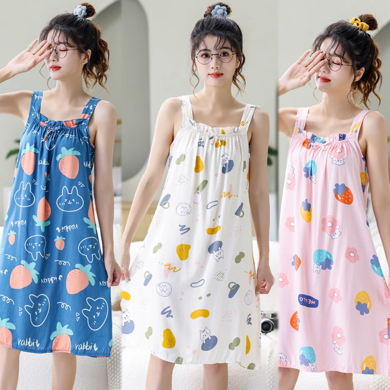 睡裙夏季女吊带棉绸小碎花睡衣夏天凉感人造棉少女可爱绵绸家居服