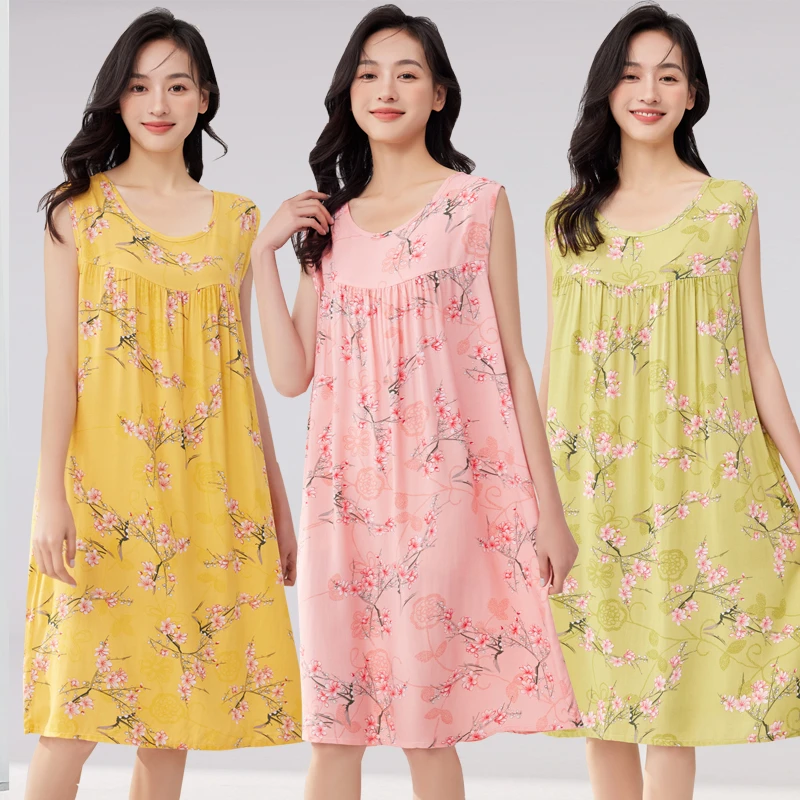 韩版2024年新款棉绸睡裙女士无袖加大码睡衣夏季人造棉舒适居家服