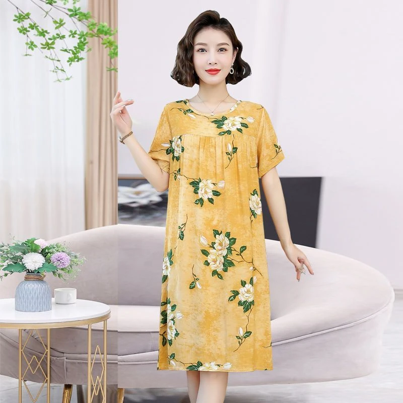 中年妈妈绵绸睡裙女夏季女款棉绸睡衣老年人裙子人造棉女士连衣裙