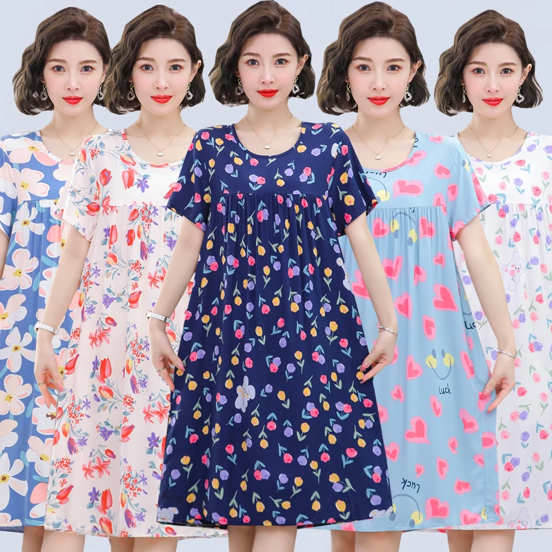 中老年棉绸睡裙女夏天妈妈人造棉家居服短袖宽松纯绵绸连衣裙薄款
