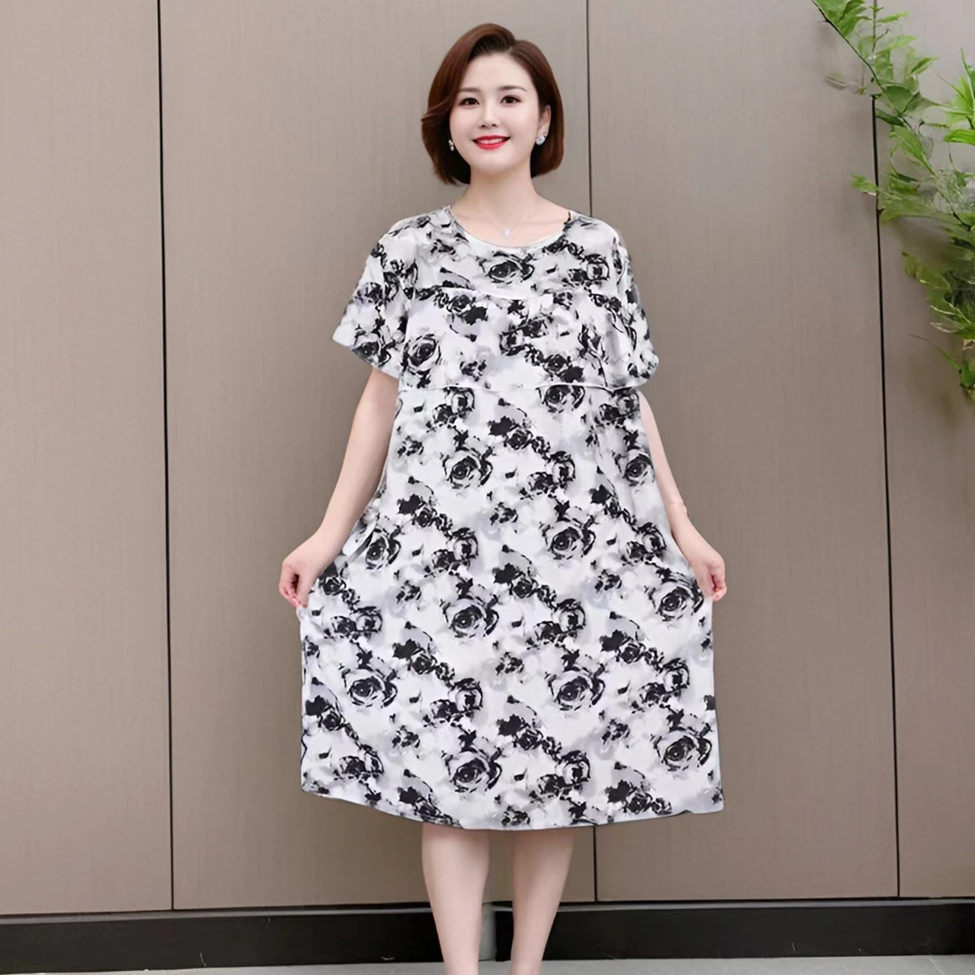 中年女夏季防凸点棉绸睡裙居家休闲宽松中长款大码睡衣亲肤连衣裙