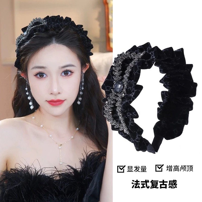 【黑天鹅】韩版高级褶皱复古法式网红气质百搭时尚简约黑色发箍1095