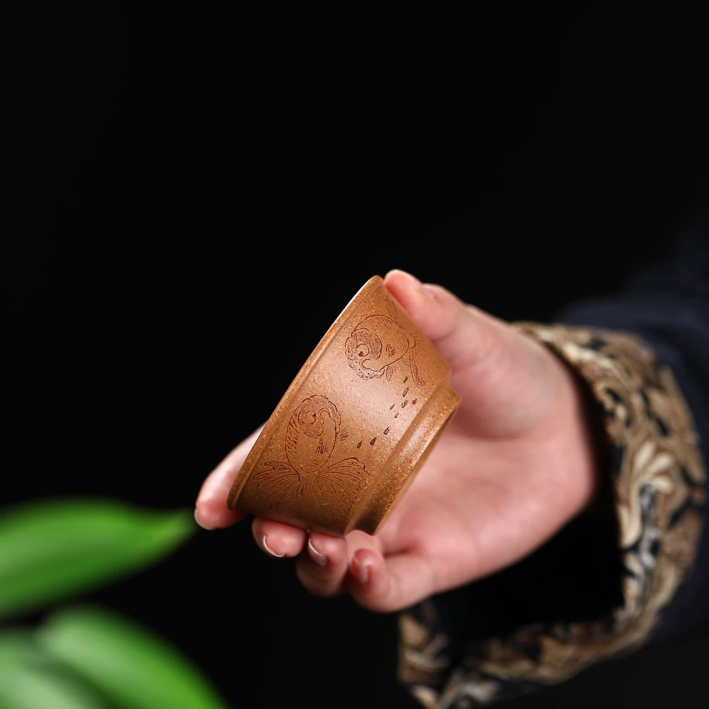 大口双鱼刻绘杯子主人杯原矿黄段