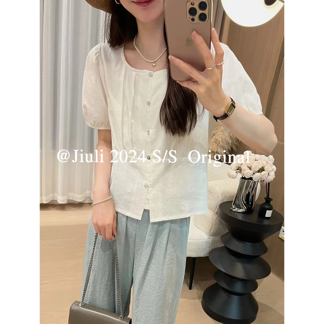 九莉【琉璃】韩系棉麻减龄褶皱气质小衫