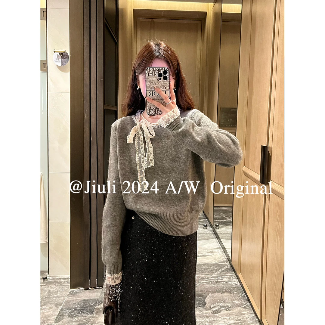 九莉【晚宴】秋冬甜美拼接蕾丝圆领软糯毛衣