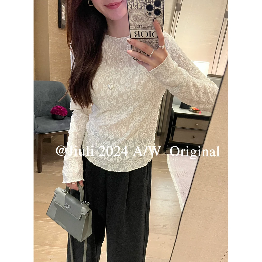 九莉【万能搭】木耳边蕾丝显瘦气质时尚百搭打底衫