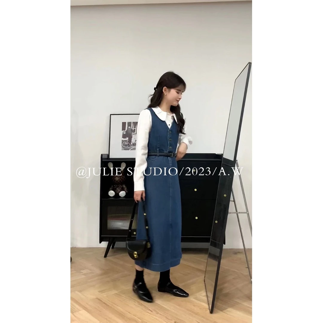 九莉【牛仔玩家】早春新款复古牛仔背心连衣裙（带腰带）