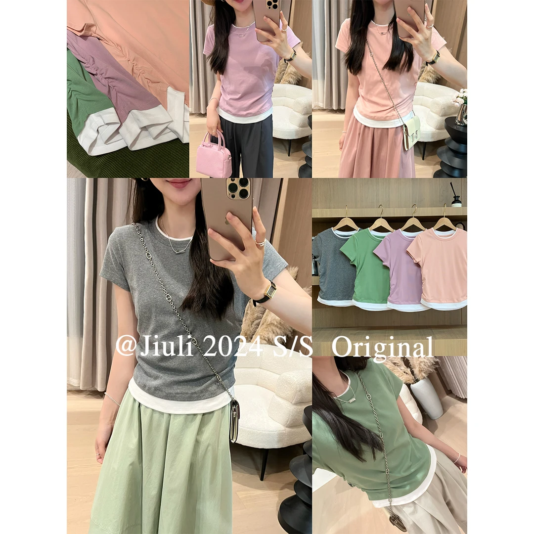 九莉【果汁T】假两件褶皱收腰短袖T恤