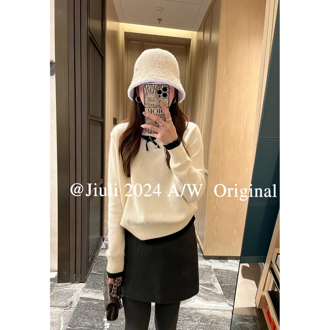 九莉【邂逅毛衣】圆领撞色蝴蝶结长袖毛衣