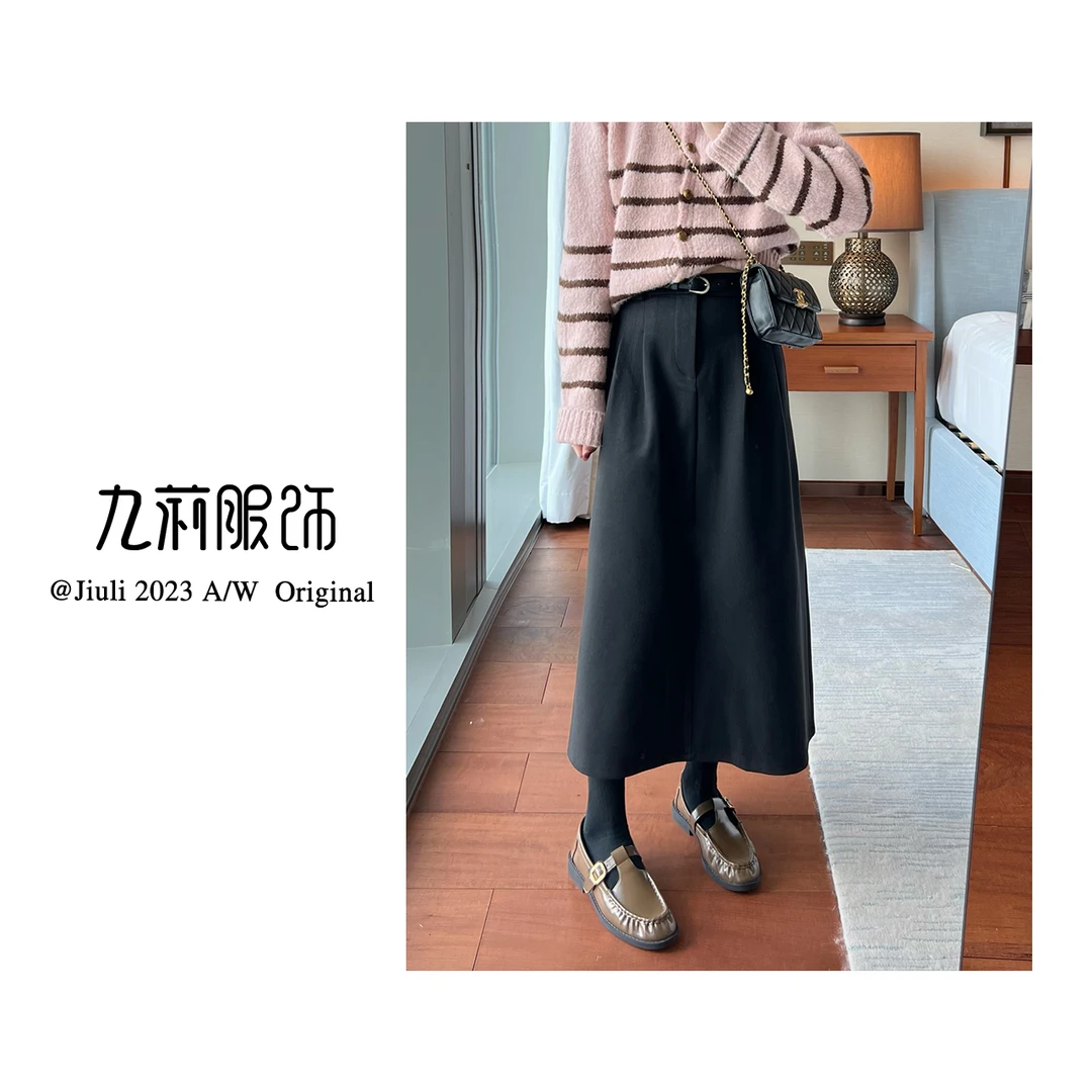 九莉【慢冷】秋冬厚款毛呢中高腰A字半身裙（配腰带）
