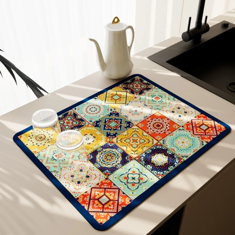 硅藻泥复古厨房花砖沥水垫桌面隔热垫吸水垫速干家用防滑垫#CD