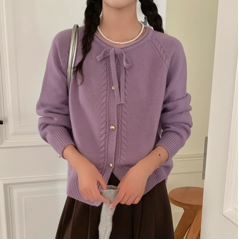 【YIYI】系带蝴蝶结~韩系全羊毛蝴蝶结系带显瘦百搭针织开衫