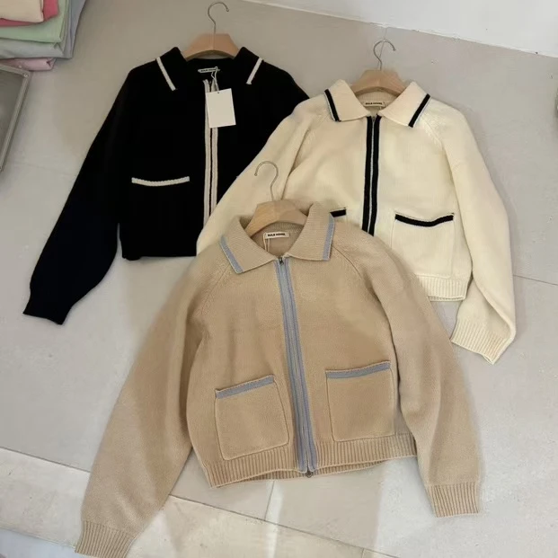 【YIYI】口袋拉链~韩系新款纯羊毛百搭翻领拉链开衫外套